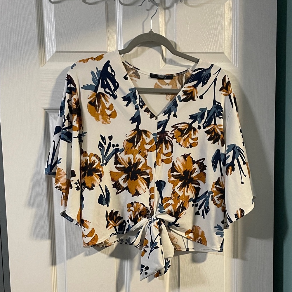 Floral Tie-Front Blouse with bell sleeves